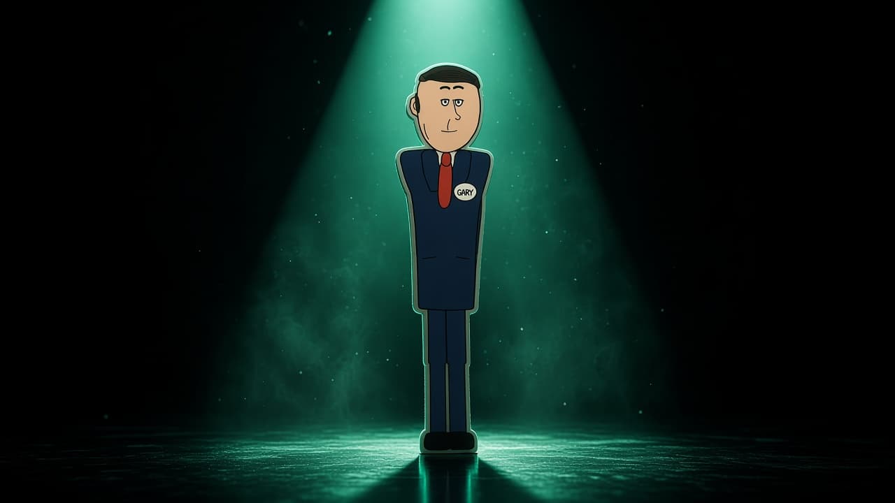 Gary the night manager, a flat puppet under a mint spotlight