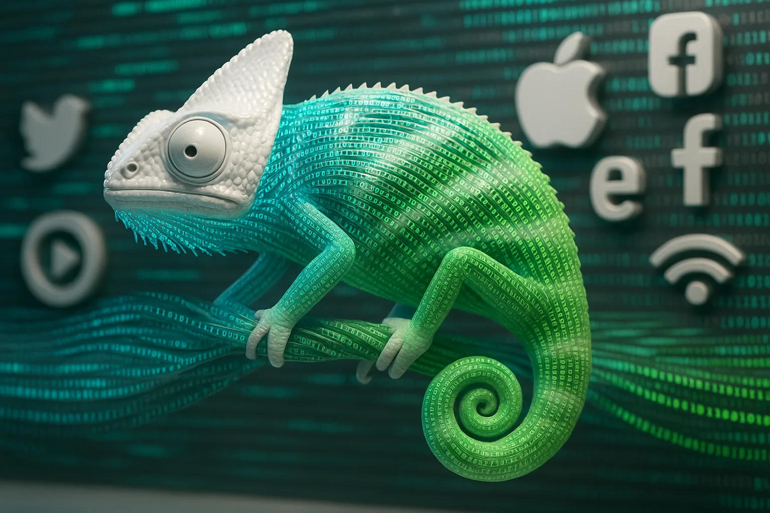 A chameleon made of flowing digital code gracefully transforms its vibrant patterns while weaving through an evolving tapestry of branded icons, adapting seamlessly to shifting colors and textures.