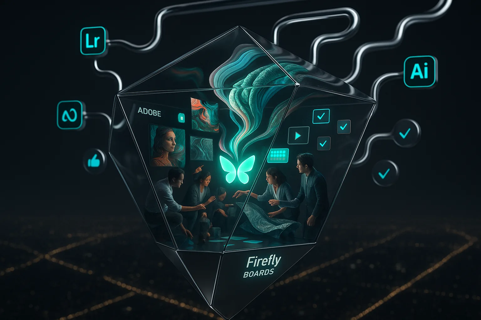 Surreal glass prism in the sky with creators collaborating on glowing Firefly art, Adobe branding present