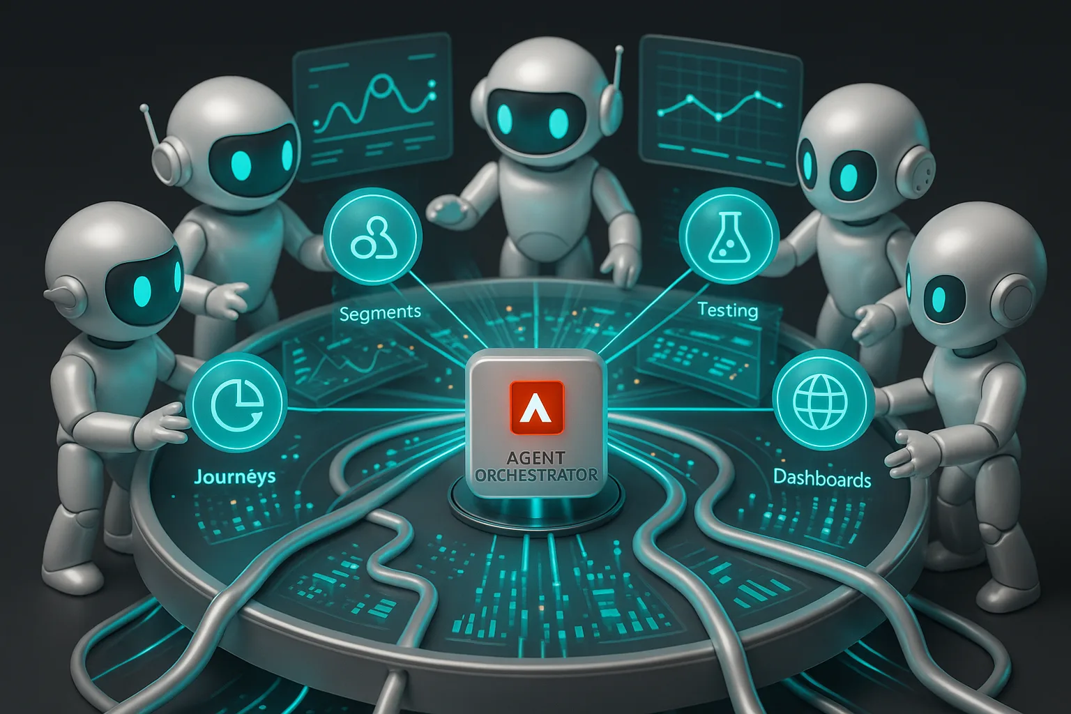 Futuristic AI agents collaborate in a vibrant Adobe-branded command center, orchestrating automated marketing workflows