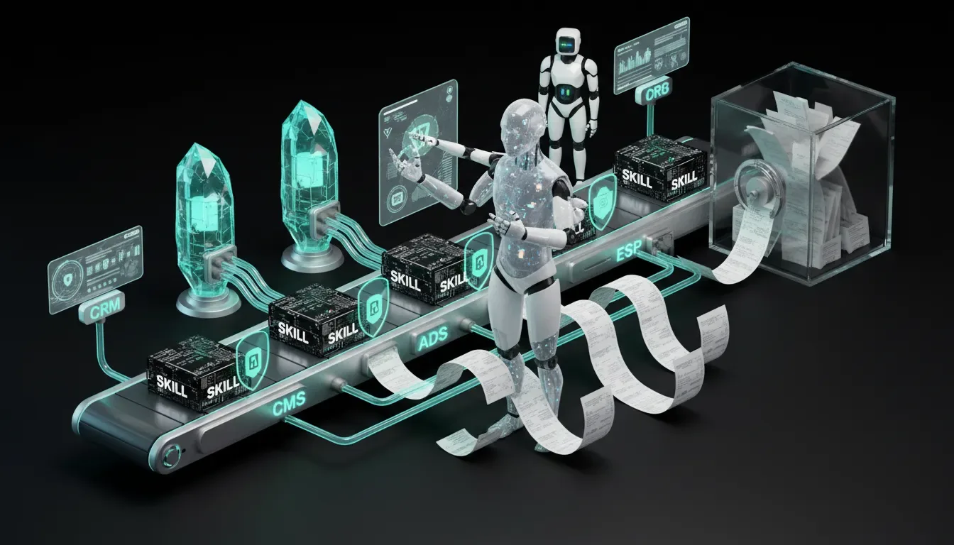 Holographic AI conductor assembling glowing modular skill blocks connecting CRM, validators, receipts, neon-lit vault archive