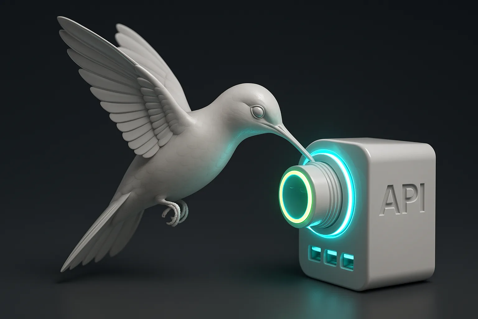 A neon hummingbird delicately sipping from a glowing, futuristic API data port against a midnight background