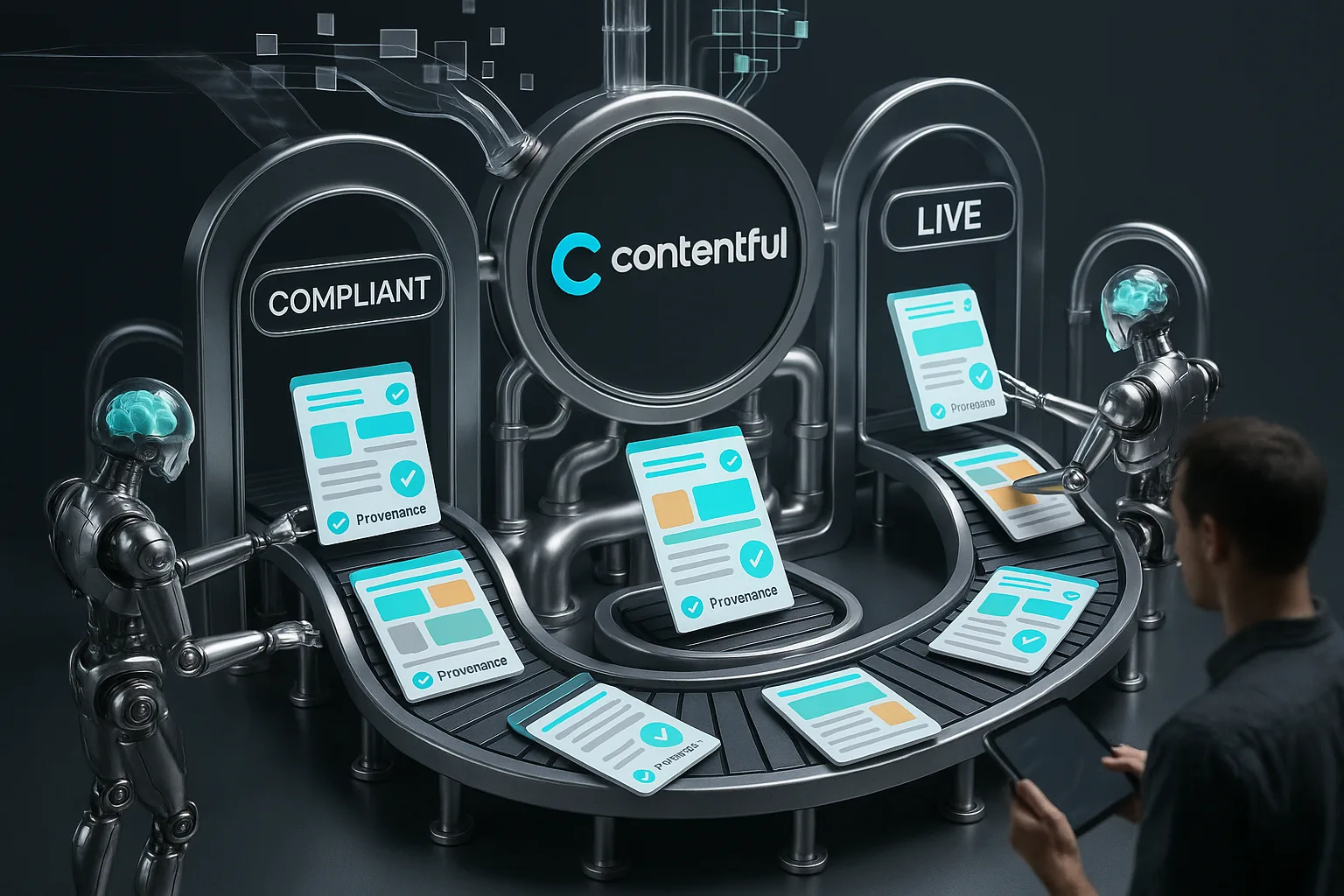 Futuristic robotic factory assembles, validates and launches personalized websites, Contentful at command hub