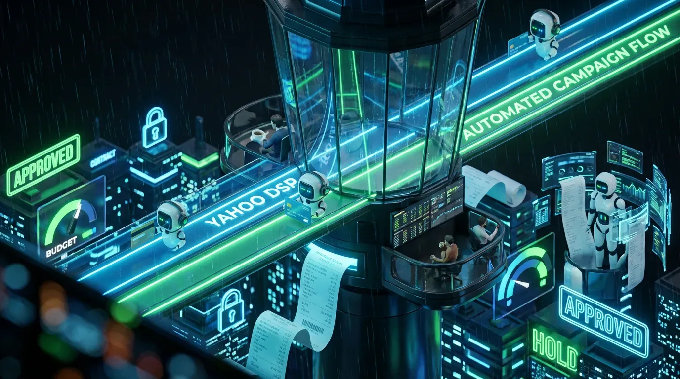 Glass control tower over neon city with agent drones credit card icons receipts humans observing