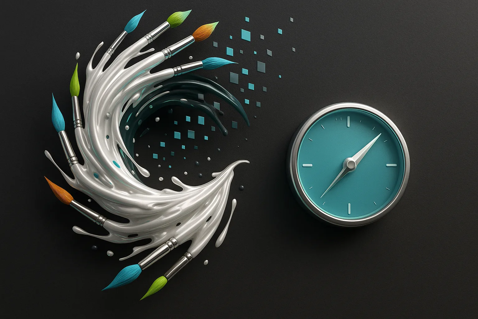 A swirling tornado of colorful paintbrushes and digital pixels collides with a serene, glowing compass, symbolizing the artful navigation of AI's creative storm.