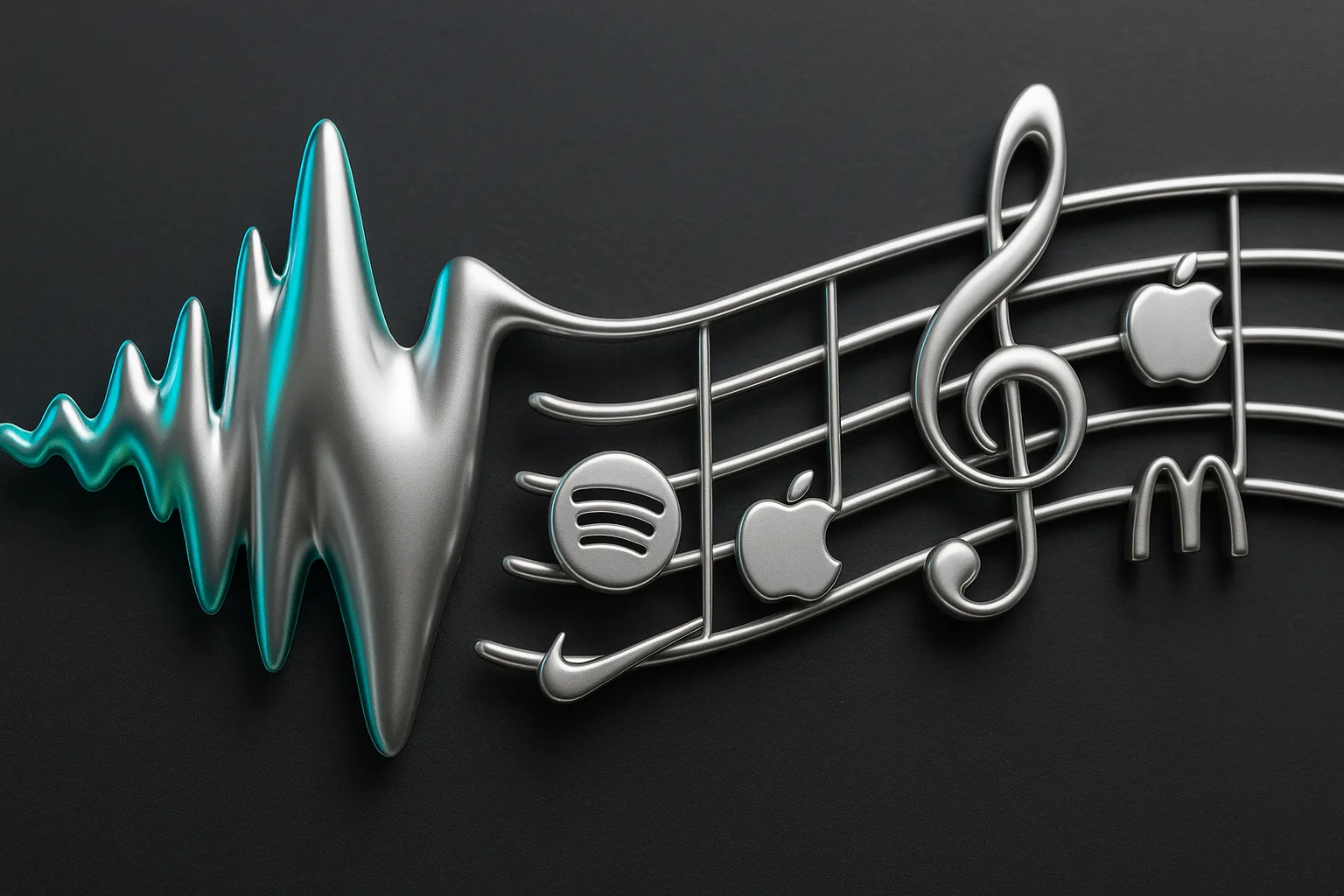 A vibrant soundwave morphs into a musical staff, where notes transform into recognizable brand logos, creating a symphony of colors and shapes in motion.