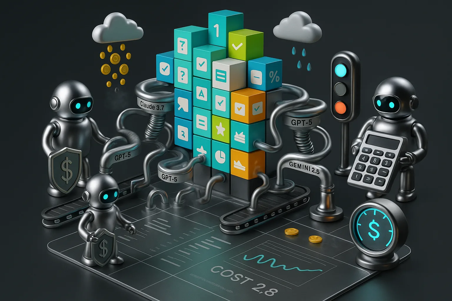 Surreal city of marketing assets powered by AI robots routing tasks and tracking costs visually