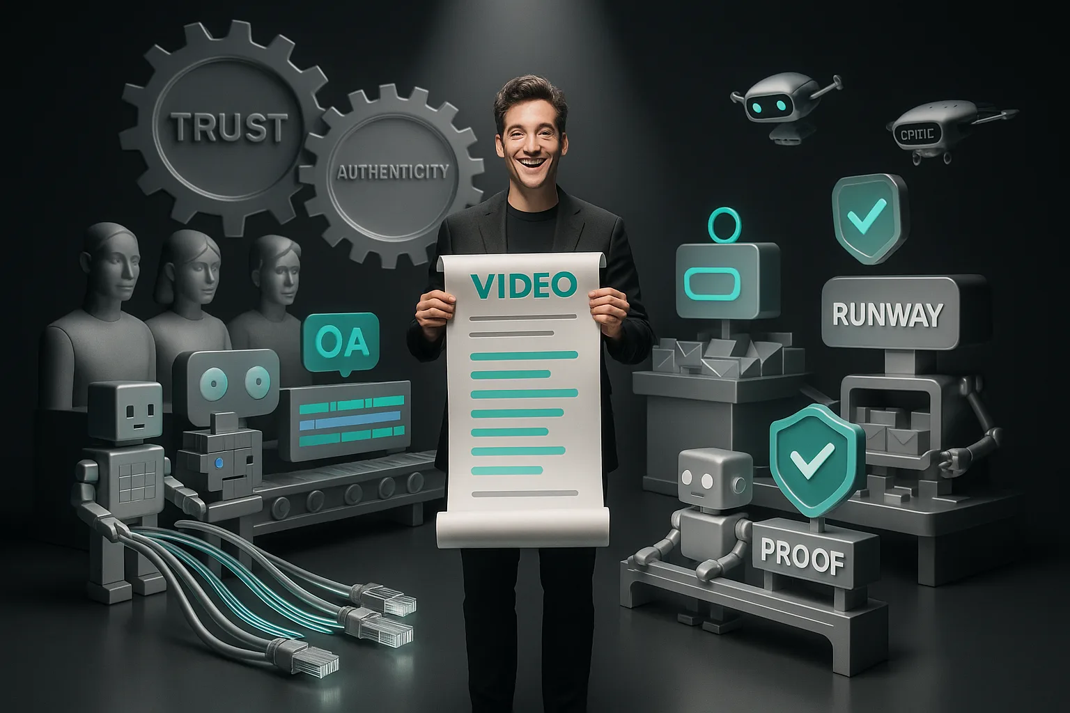 A real person leads playful AI avatars and robots assembling video ads on a vibrant theatrical stage
