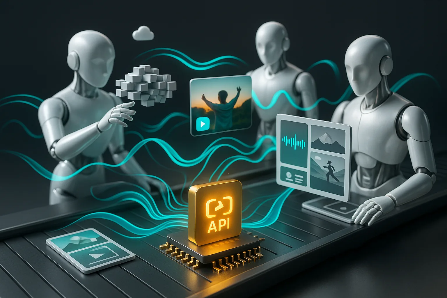 Futuristic robots and avatars merge text, images, audio, and video into dynamic clips via Alibaba Cloud