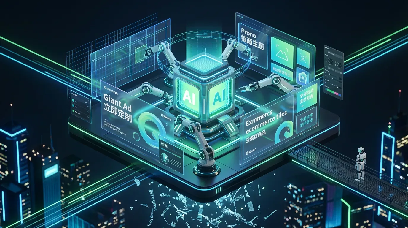 Futuristic Alibaba Qwen-Image-2.0-Pro machine builds multilingual ad visuals with clean typography above a glowing neon city