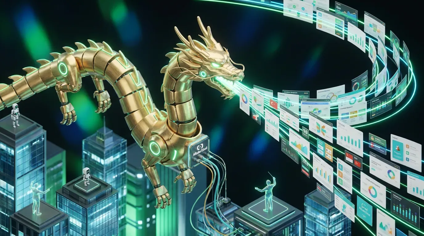 Mechanical Alibaba Qwen dragon generating multilingual charts and UI panels above a futuristic global city