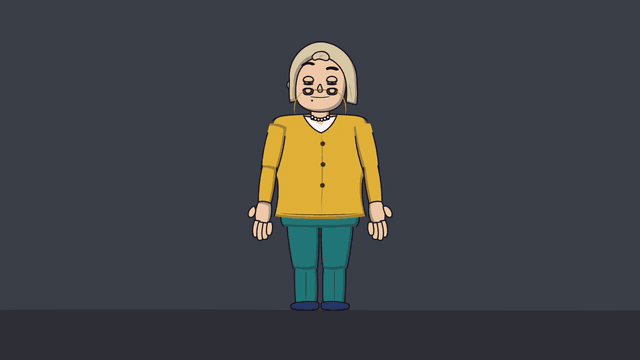 Deb's rigged puppet on a grey sheet: her arm comes up and waves on its shoulder and elbow pivots, her head tilts, her brows and mouth run through their states, one leg lifts and bends at the knee