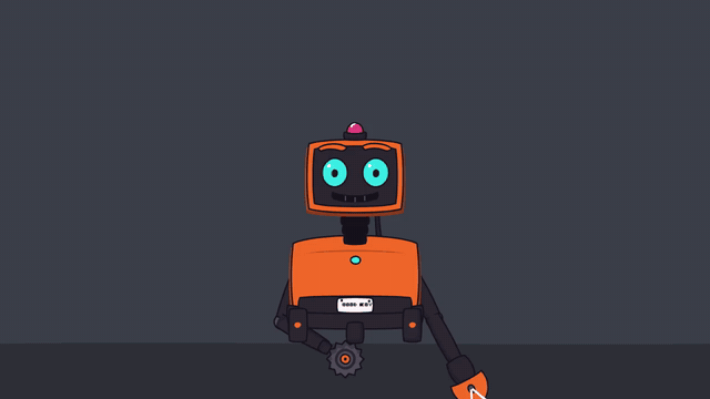 Sprocket's rigged puppet on a grey sheet: he bounces on his wheels, his tail wags, the blade arm comes up and the blade spins on its own pivot, the trimmer buzzes, his head tilts and his mouth runs through its shapes