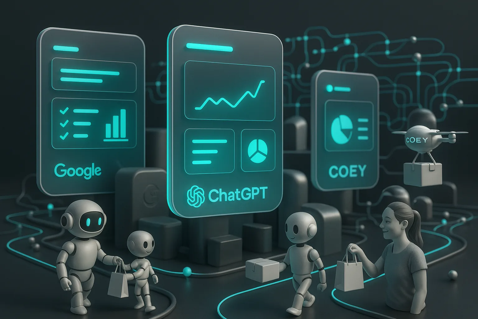 Futuristic AI city with floating answer cards, robotic assistants, drones and glowing branded data pipelines
