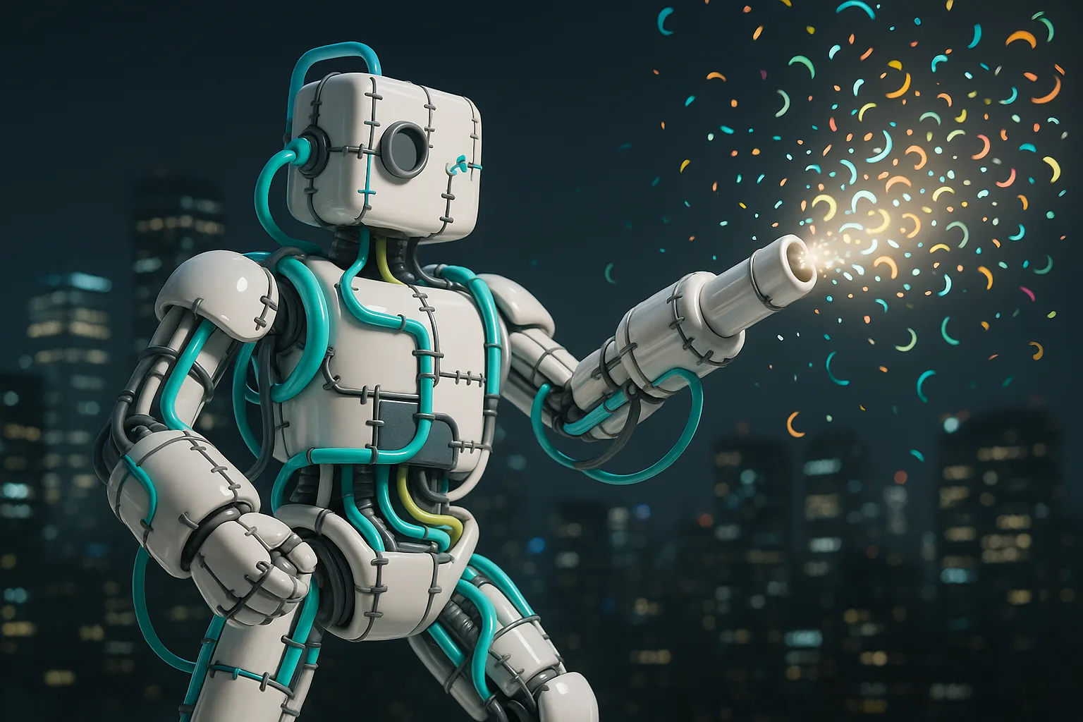 Giant patchwork robot stitched from colorful pipes and digital cables, shooting swirling confetti across a glowing cityscape