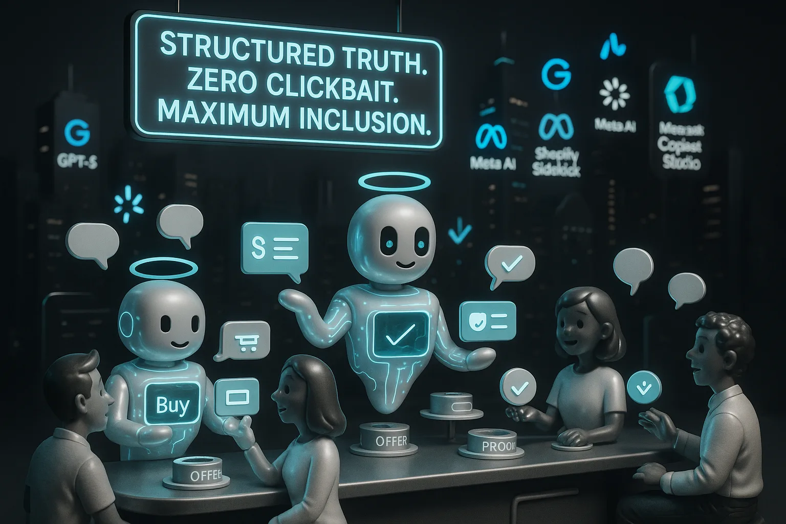 Vibrant city with friendly AI assistants offering structured, glowing ads and branded tech product icons floating