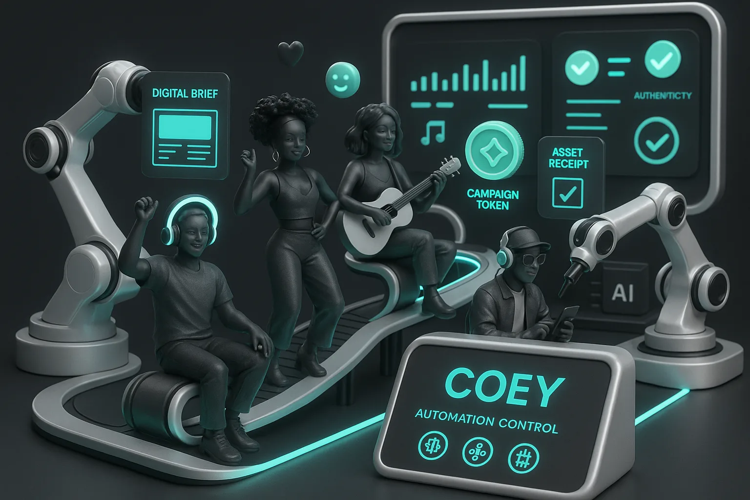 Futuristic assembly line with creators, COEY logo, AI robots handling digital marketing assets and briefcards