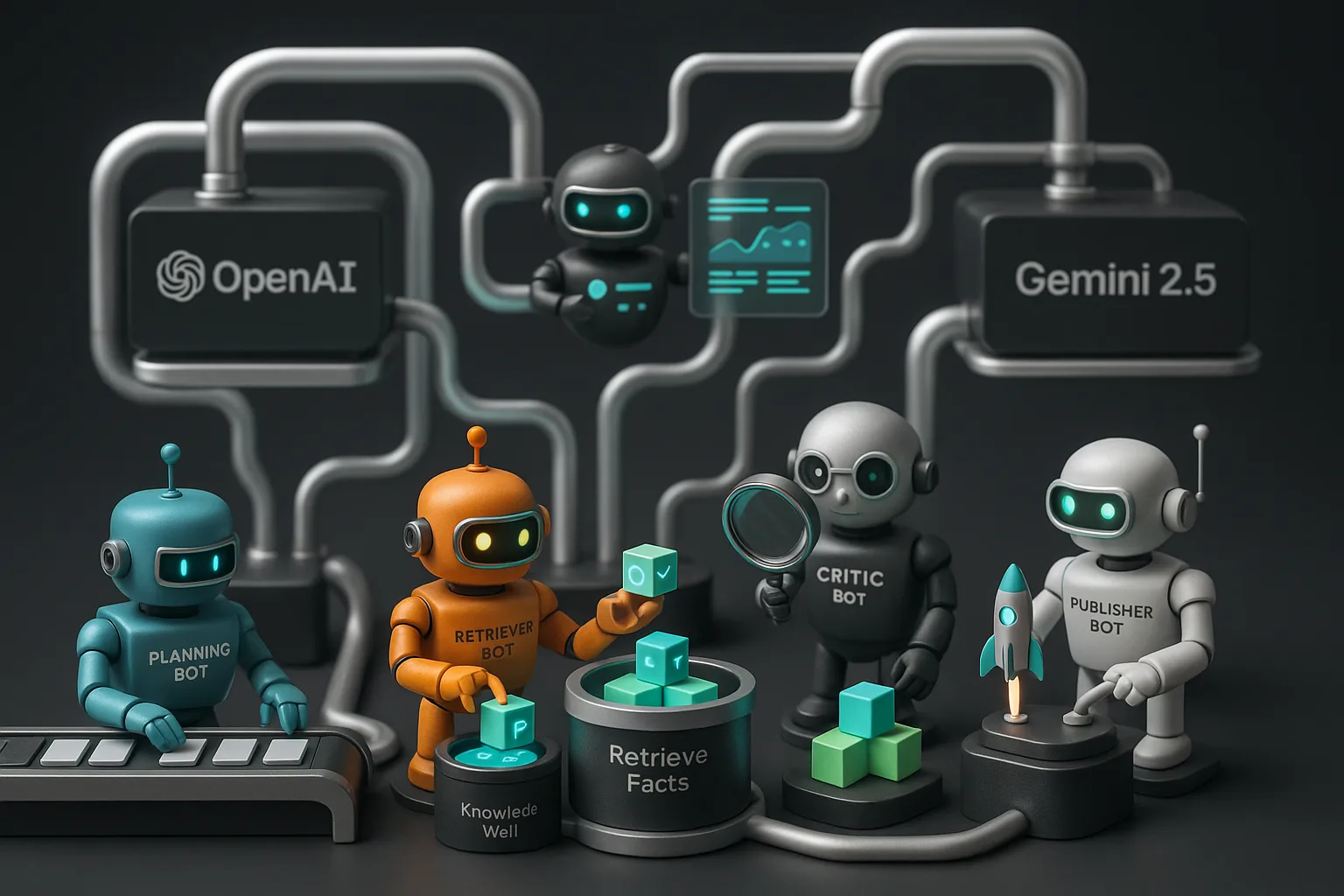 Colorful modular robot team automating tasks, connected by glowing pipelines and branded OpenAI Gemini islands