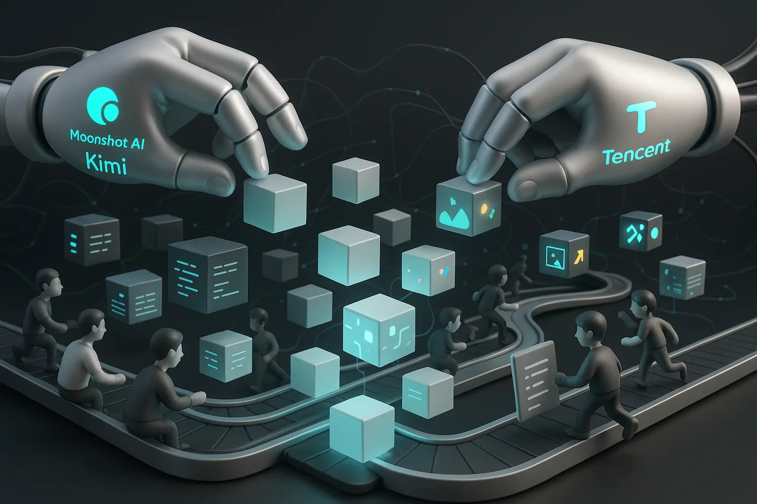 Futuristic robotic hands with Moonshot AI and Tencent logos create text and 3D cubes in a digital factory