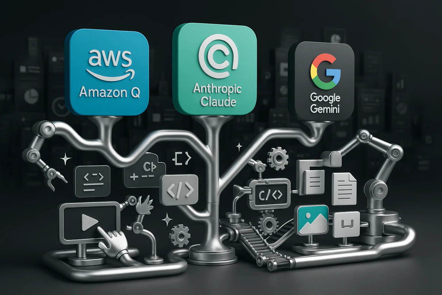 A dynamic Rube Goldberg machine powered by AWS Q, Anthropic Claude, and Gemini icons orchestrating automation
