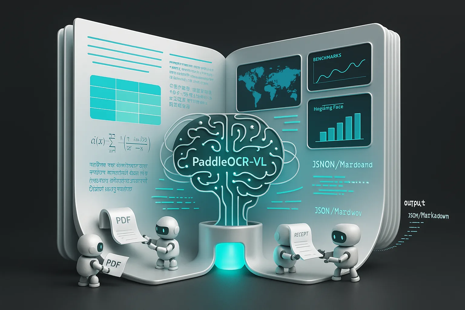 Futuristic document control room run by PaddleOCR‑VL robots parsing charts, tables, and international text