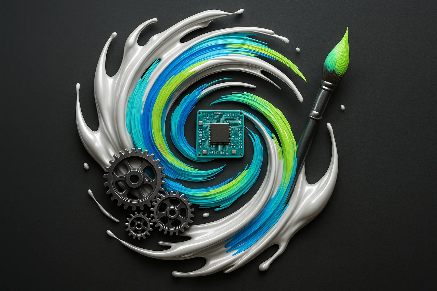 A vibrant kaleidoscope of gears and circuits intertwined with colorful paintbrush strokes, all swirling into a dynamic vortex, symbolizing the fusion of technology and creativity.
