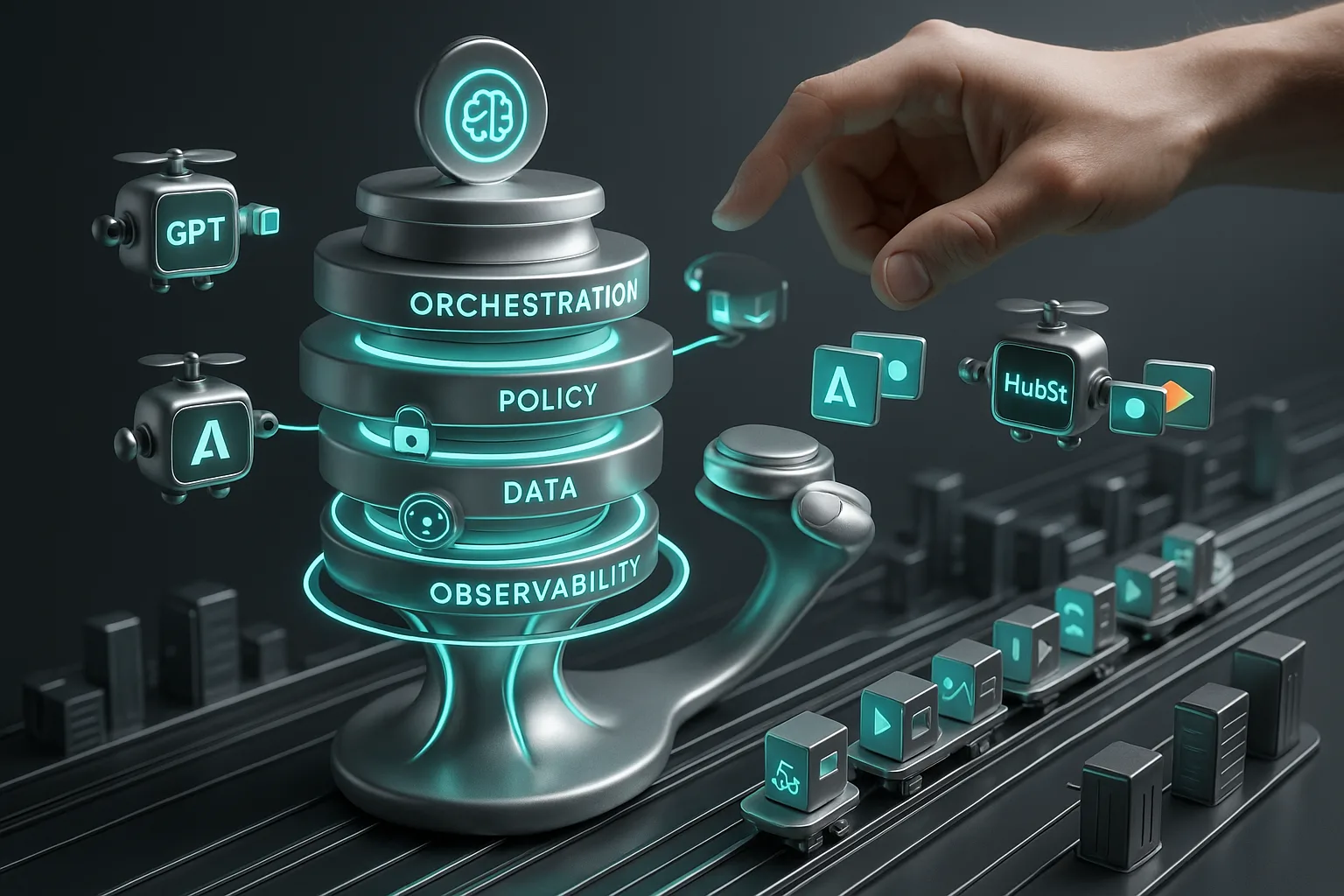 Futuristic control tower orchestrates AI-marketing bots from GPT-5, Adobe, and HubSpot across digital city layers