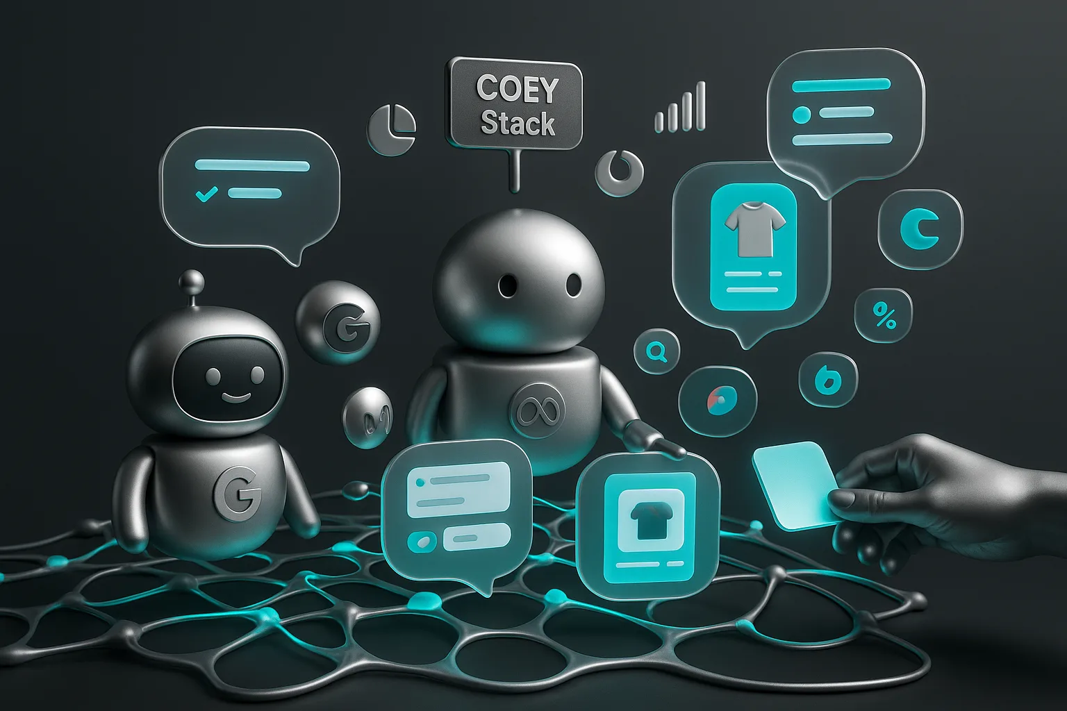 Playful AI assistants stream sponsored answer cards and product tiles into a futuristic conversational media network