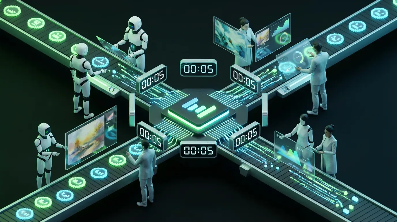 Futuristic ByteDance NextFlow assembly line with instant images, robots, floating clocks, and multicolored pixels