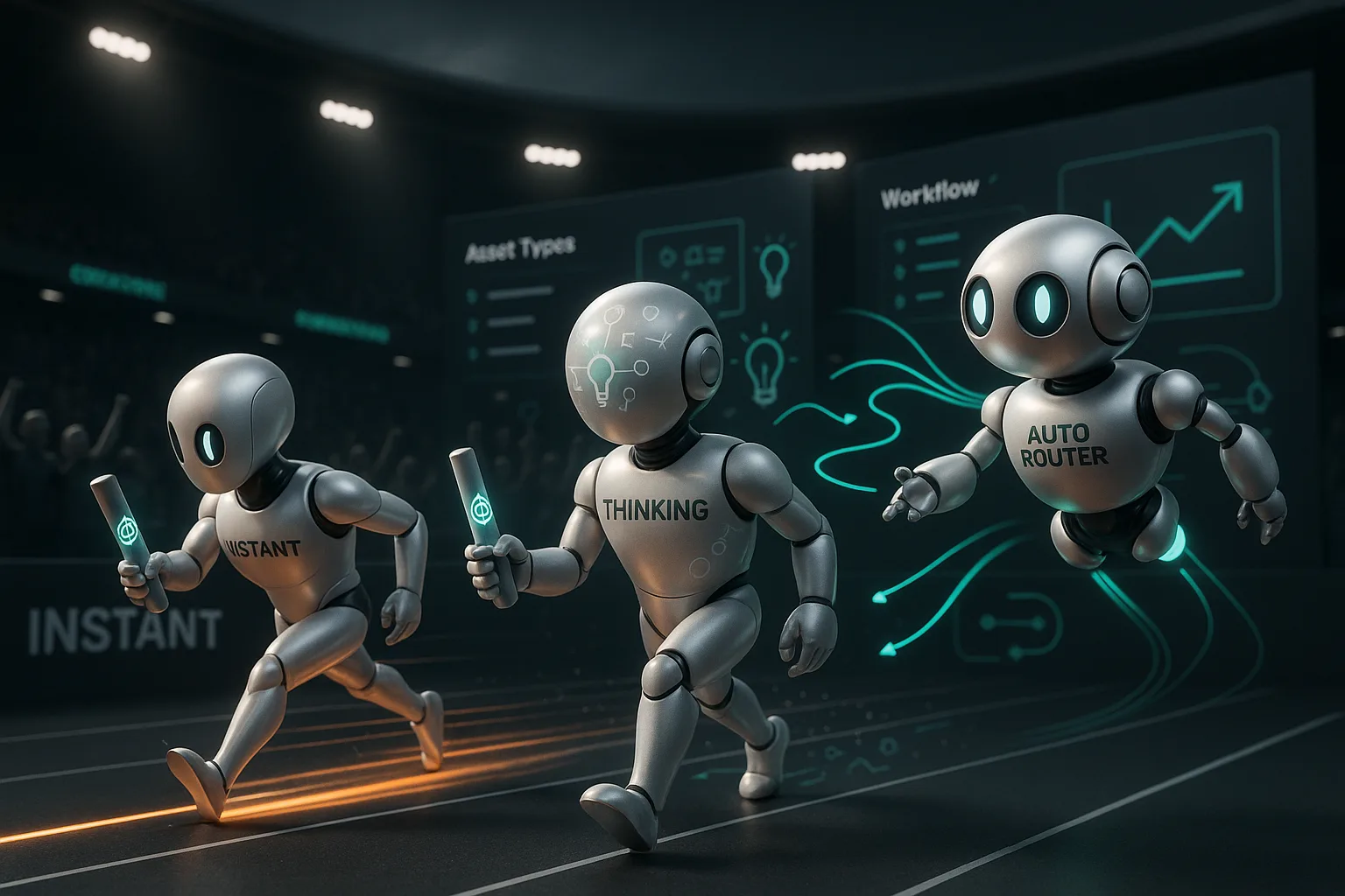 Futuristic relay race with OpenAI robots Instant, Thinking, and Auto Router passing digital batons