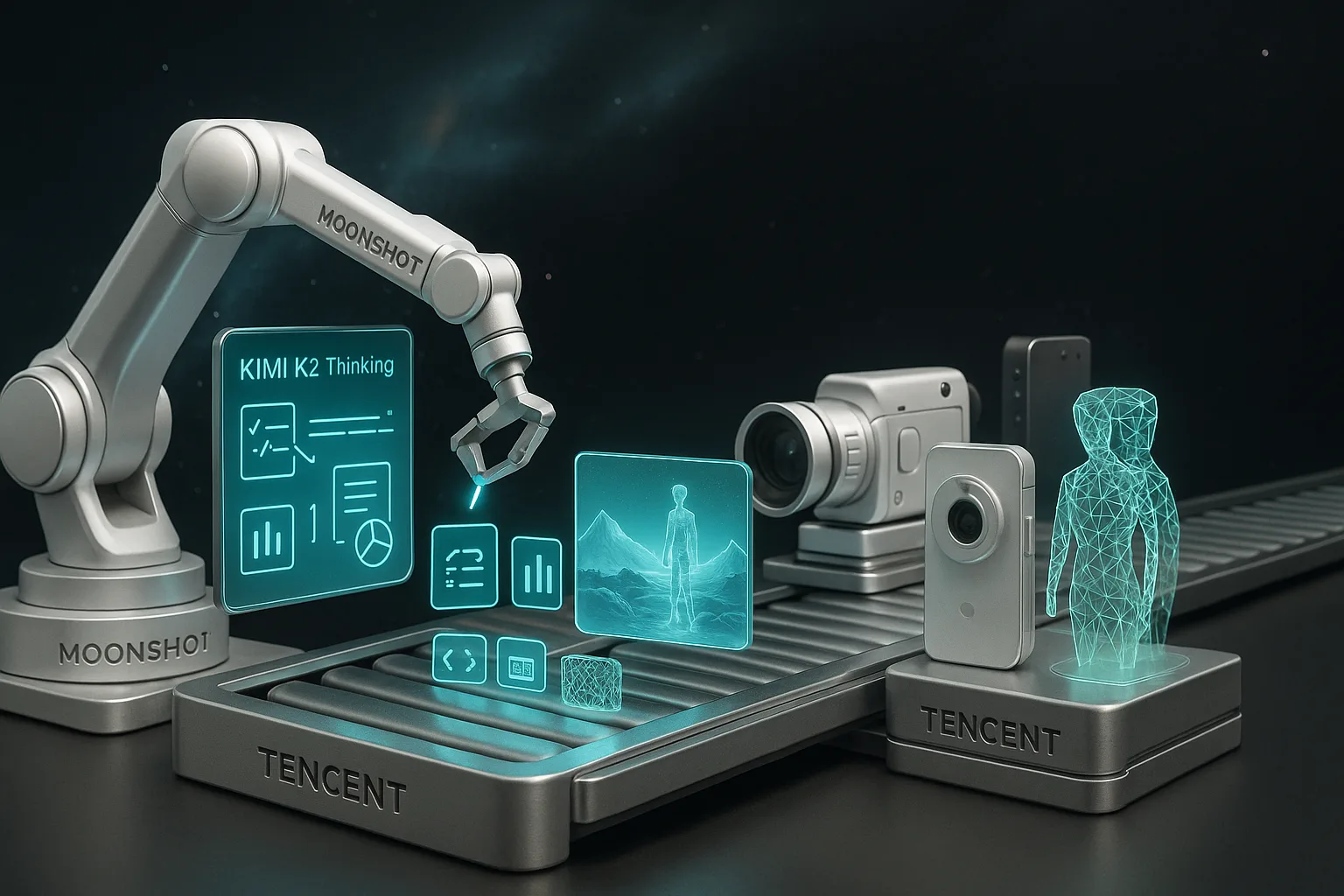 Robotic arms create text and 3D holograms as floating pipelines for Moonshot AI and Tencent