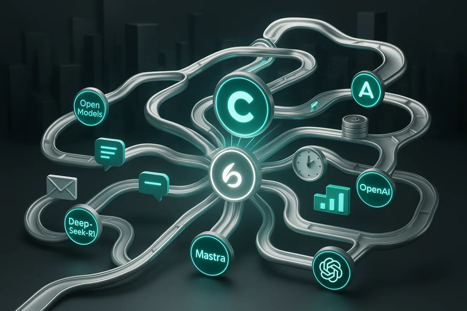 A whimsical automation machine shows Chutes connecting open models, DeepSeek‑R1, and Mastra in action