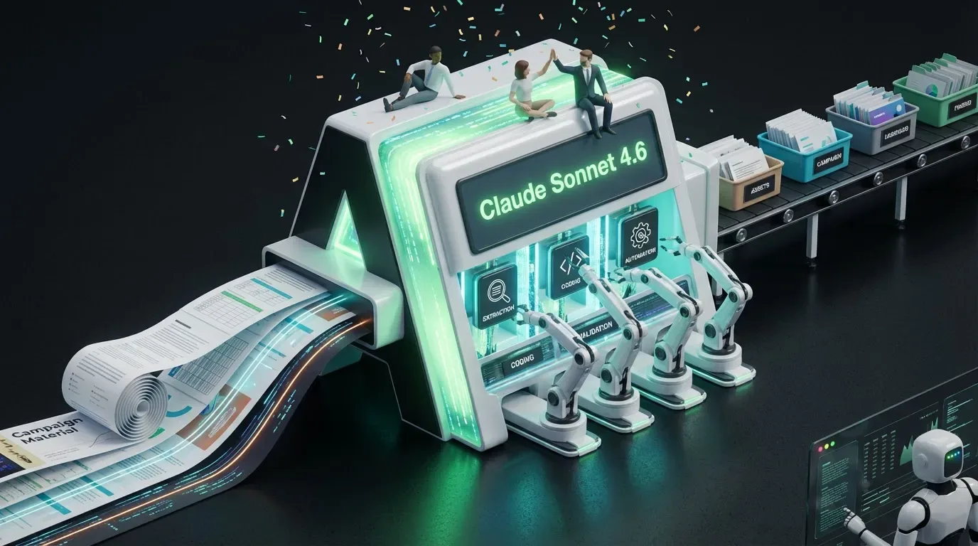 Anthropic’s Claude Sonnet 4.6 as a giant processing machine transforming complex workflows into smooth, automated outputs