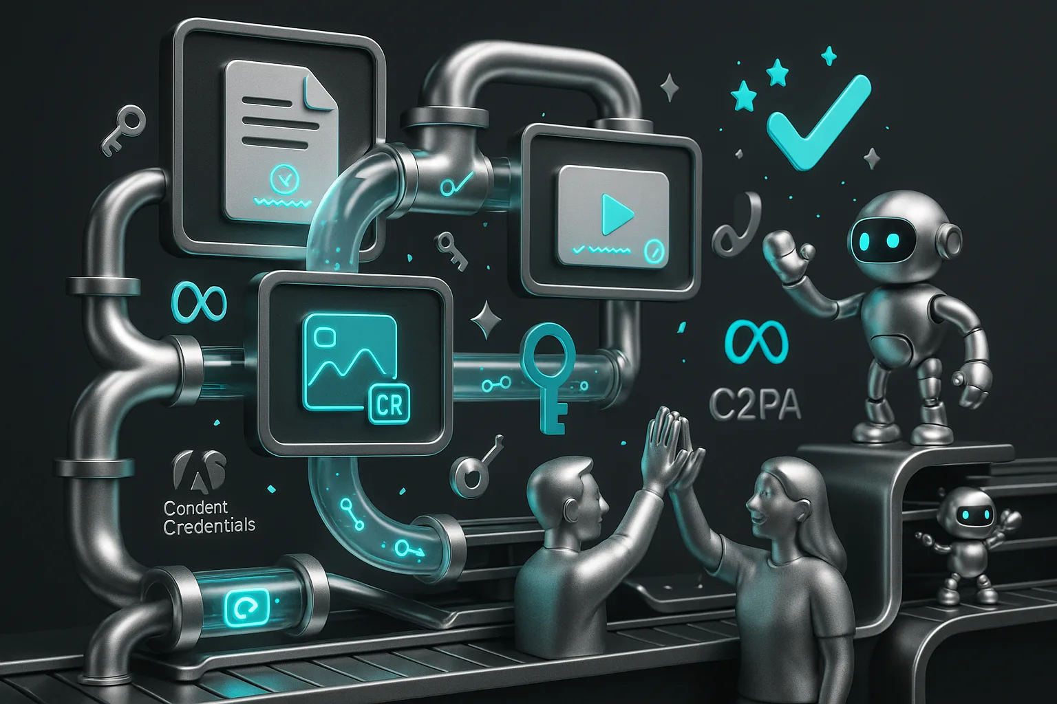 Futuristic content factory with glowing watermarks, credentials, playful bots and creative assets zooming ahead