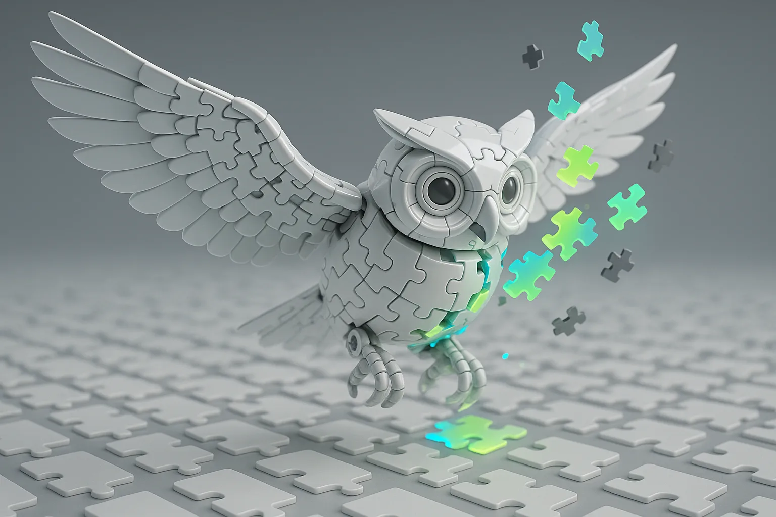 A mechanical owl with feathered wings made of shifting puzzle pieces soars above a field of identical templates, collecting diverse glowing fragments that reshape its evolving form mid-flight.