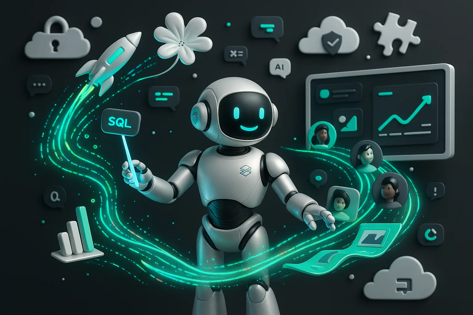 Futuristic Databricks Assistant robot conducts swirling data, creators, analytics, security symbols, vibrant automation scene