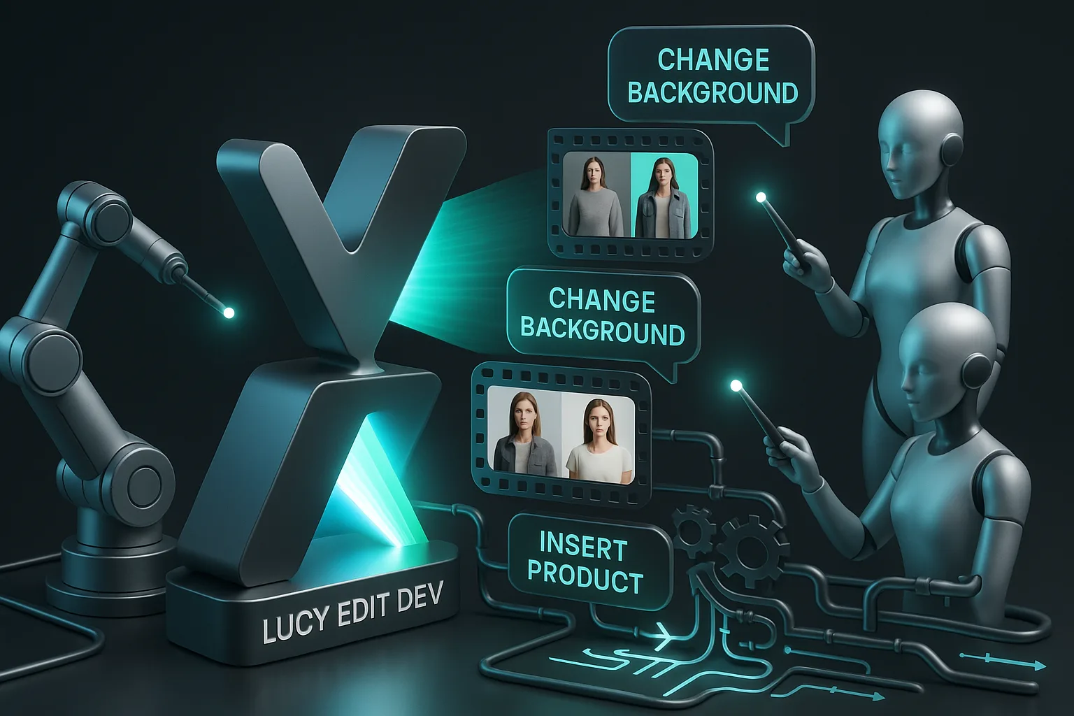Futuristic film set with AI editing video reels mid-air using Decart Lucy Edit Dev workstation