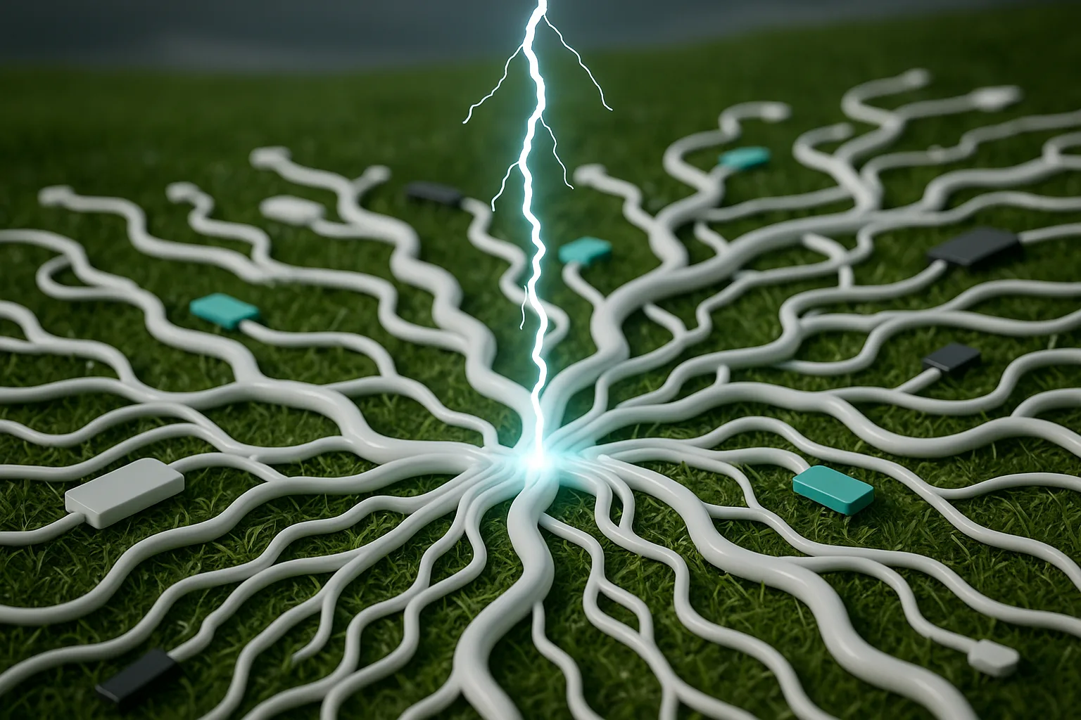 A single lightning bolt animating a tangled web of circuit vines stretching across a lush green landscape.