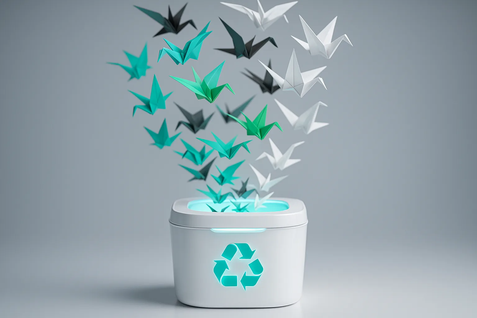 A swirling vortex of colorful origami cranes morphing into fresh paper birds, all emerging from a glowing, futuristic recycling bin.
