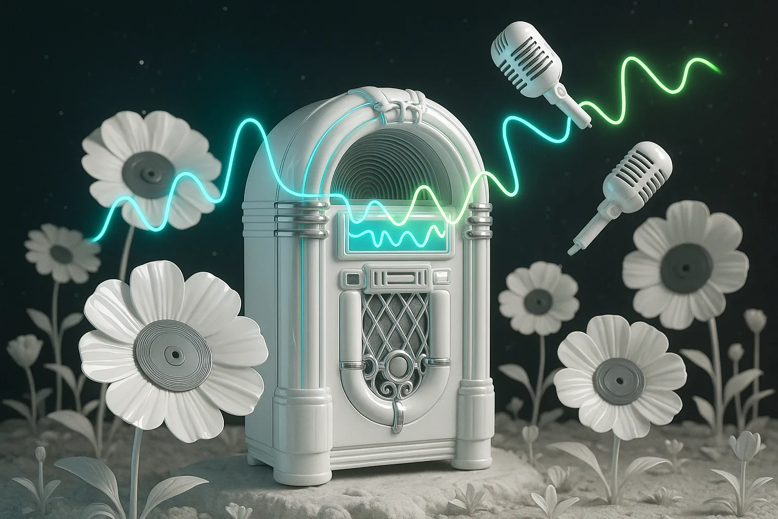 A retro-futuristic jukebox morphs into floating microphones, shooting neon soundwaves across a surreal, cosmic garden of giant vinyl flowers.