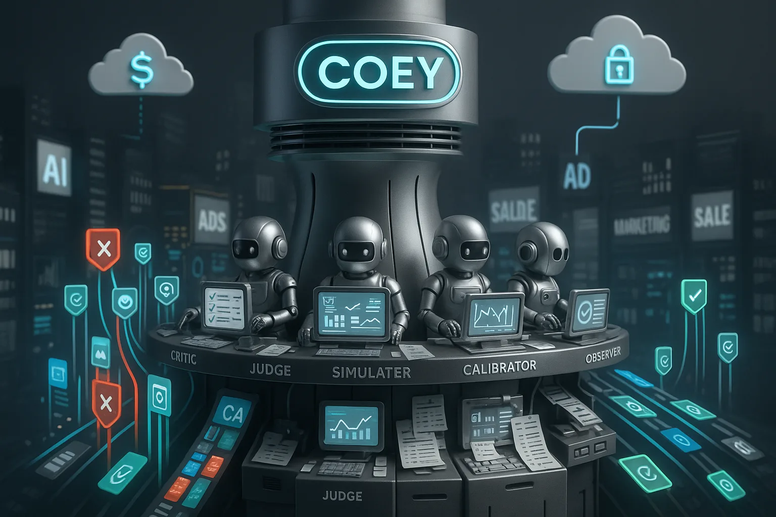 Futuristic AI evaluator control tower with bots, checklists, content streams, and a glowing COEY logo