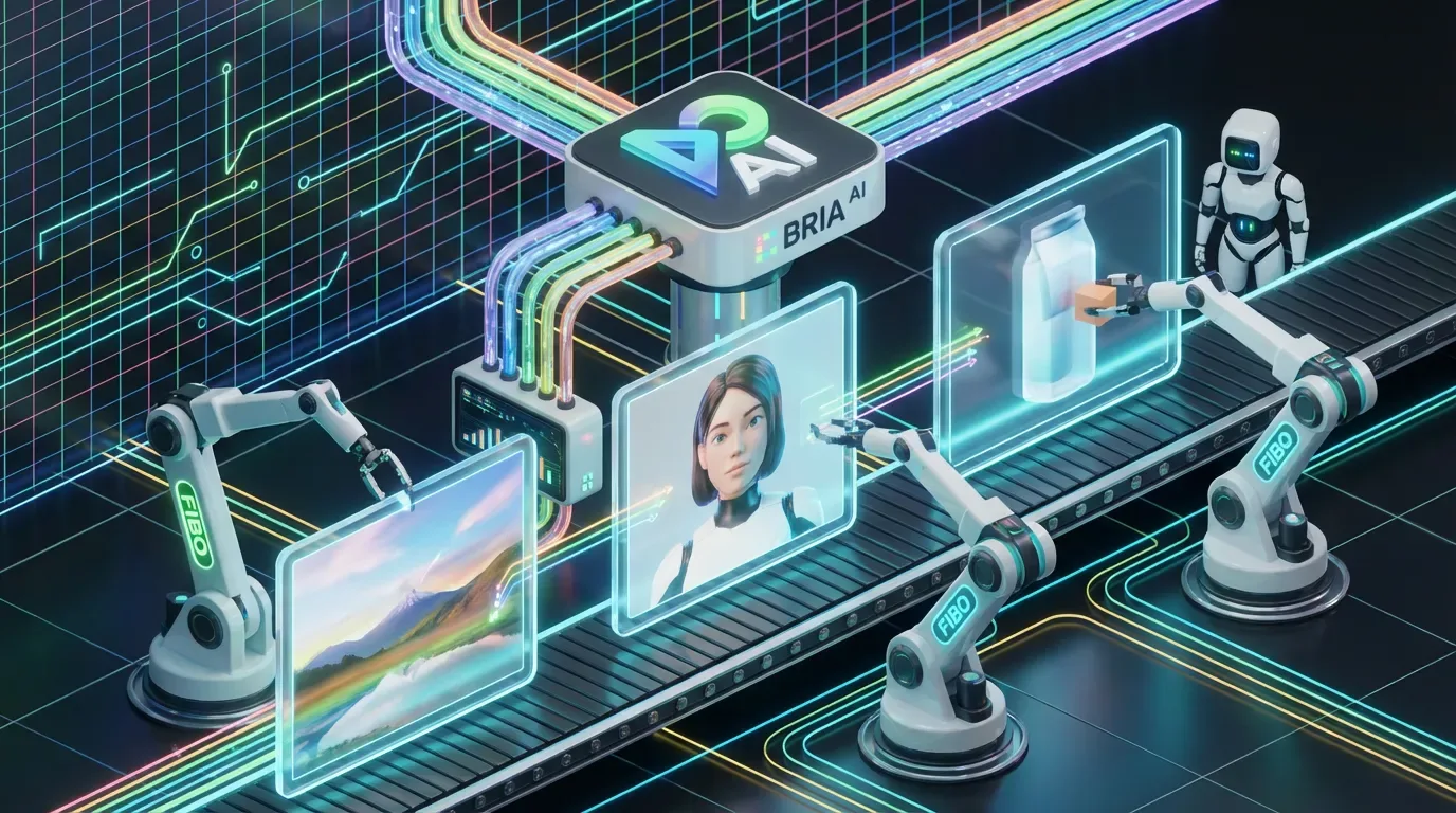 Robotic arms wearing FIBO badges make precise edits to floating images in a vibrant data factory