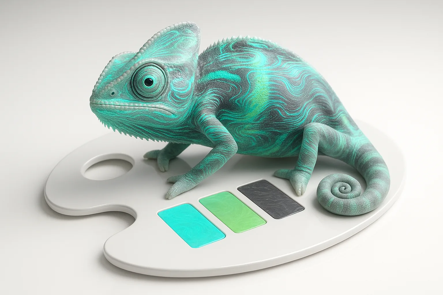 A single chameleon perched on a color palette, seamlessly blending its skin with surreal, shifting digital textures