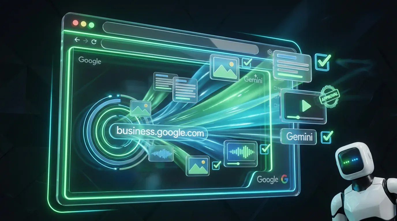 Gemini robot generating ad assets from a business URL while marketers approve in a colorful digital hub