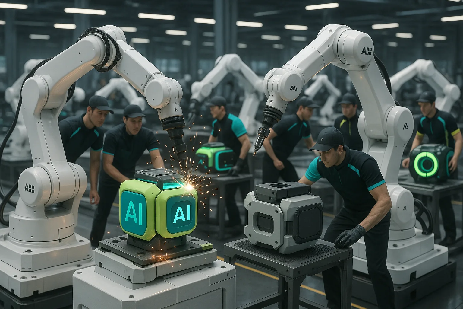 A futuristic factory floor where robotic arms rapidly swap and assemble colorful AI model components, sparks flying, as rival teams in sleek uniforms race to complete unique glowing machines.
