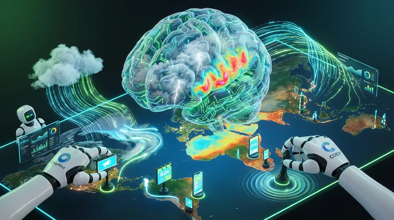 AI brain orchestrates weather maps and marketing icons, glowing with predictive power and automation energy