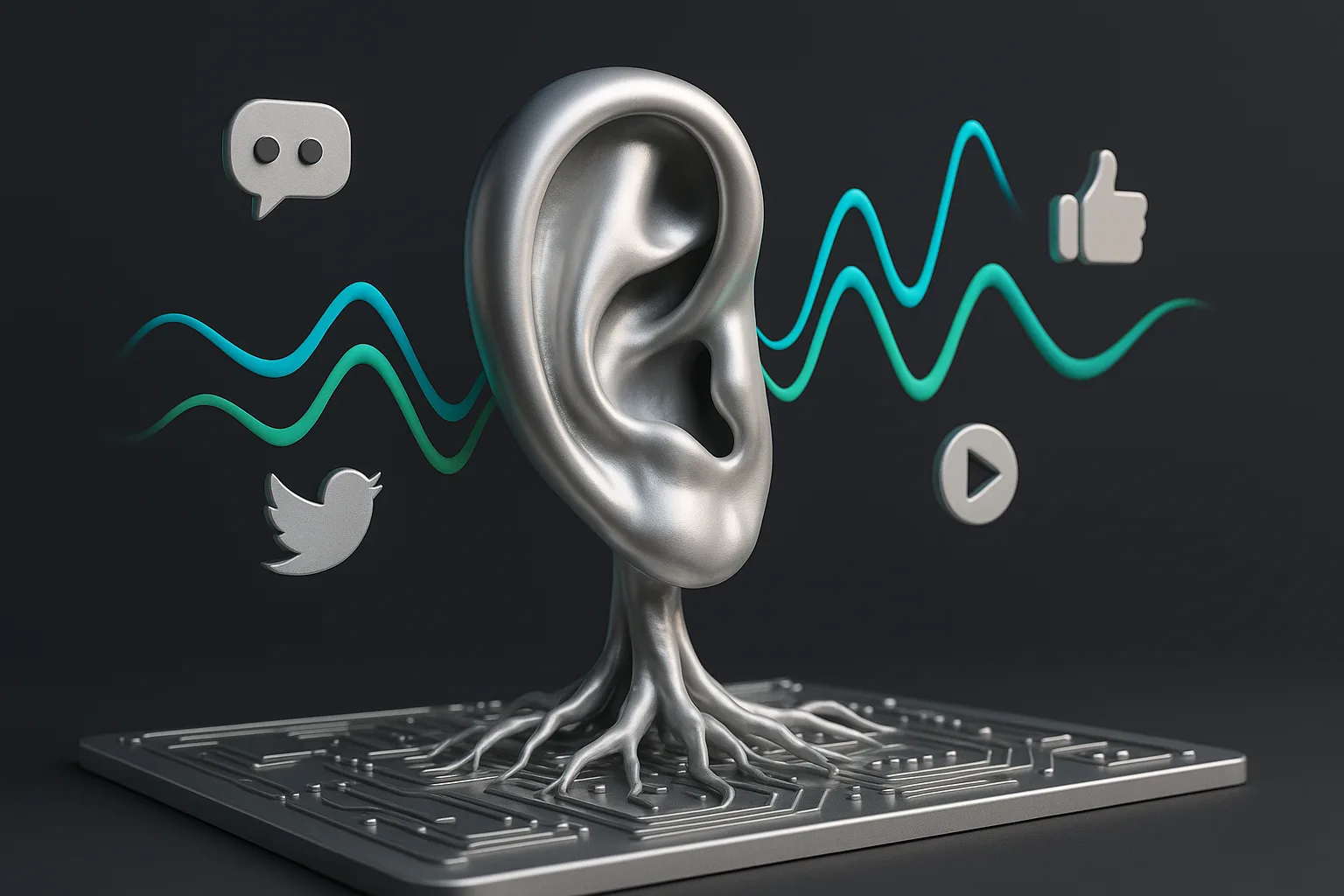 A giant ear with roots, resembling a tree, grows from a digital landscape, capturing vibrant soundwaves and social media icons floating in the air.