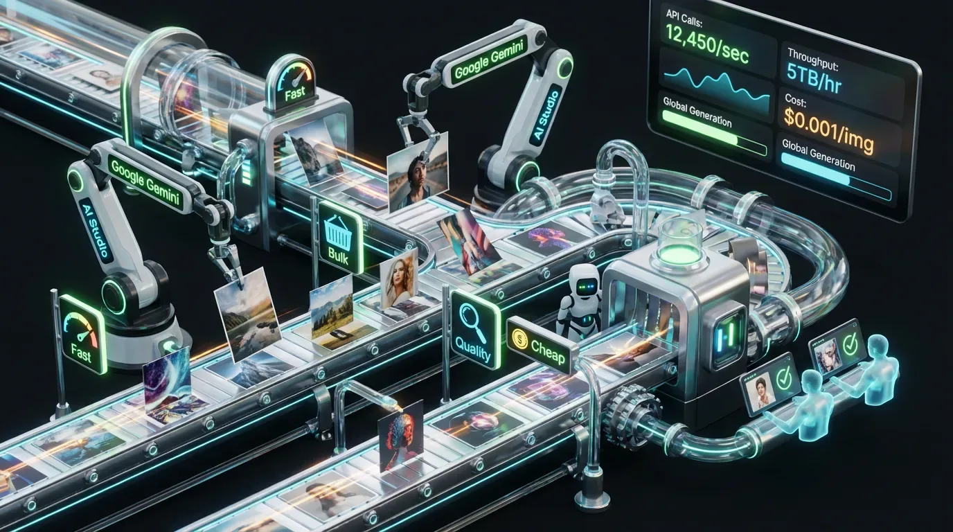 Robotic assembly line producing diverse images at scale with Google Gemini and AI Studio automation