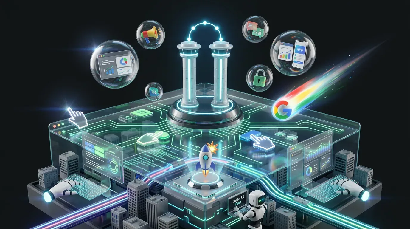 Google Gemini comet automates glowing interfaces while COEY rocket clears marketing workflow clutter safely creatively