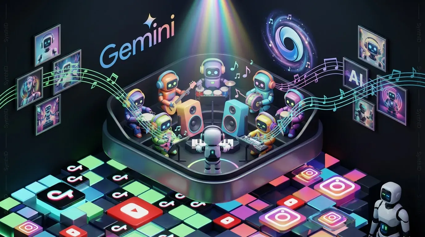 Robotic AI orchestra creates musical waves under Gemini and Lyria 3 logos over social media icons